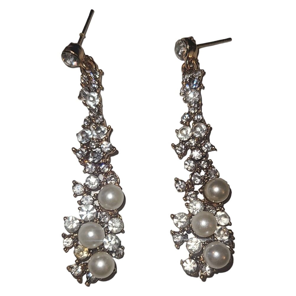 Gold Tone Faux Pearl & Crystal Rhinestone Encrusted Dangle Drop Earrings